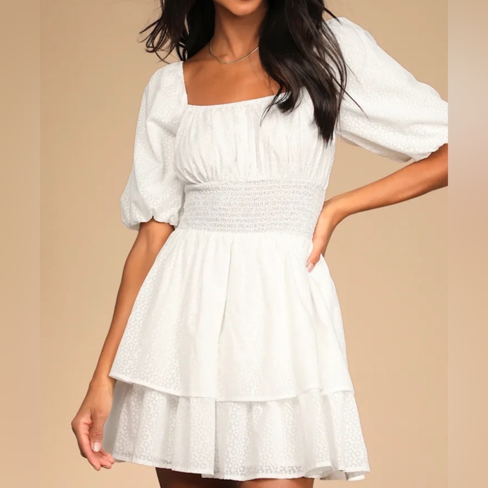 Lulus Tiers To Me Women's L White Puff Sleeve Tiered Skater Mini Dress Boho Chic